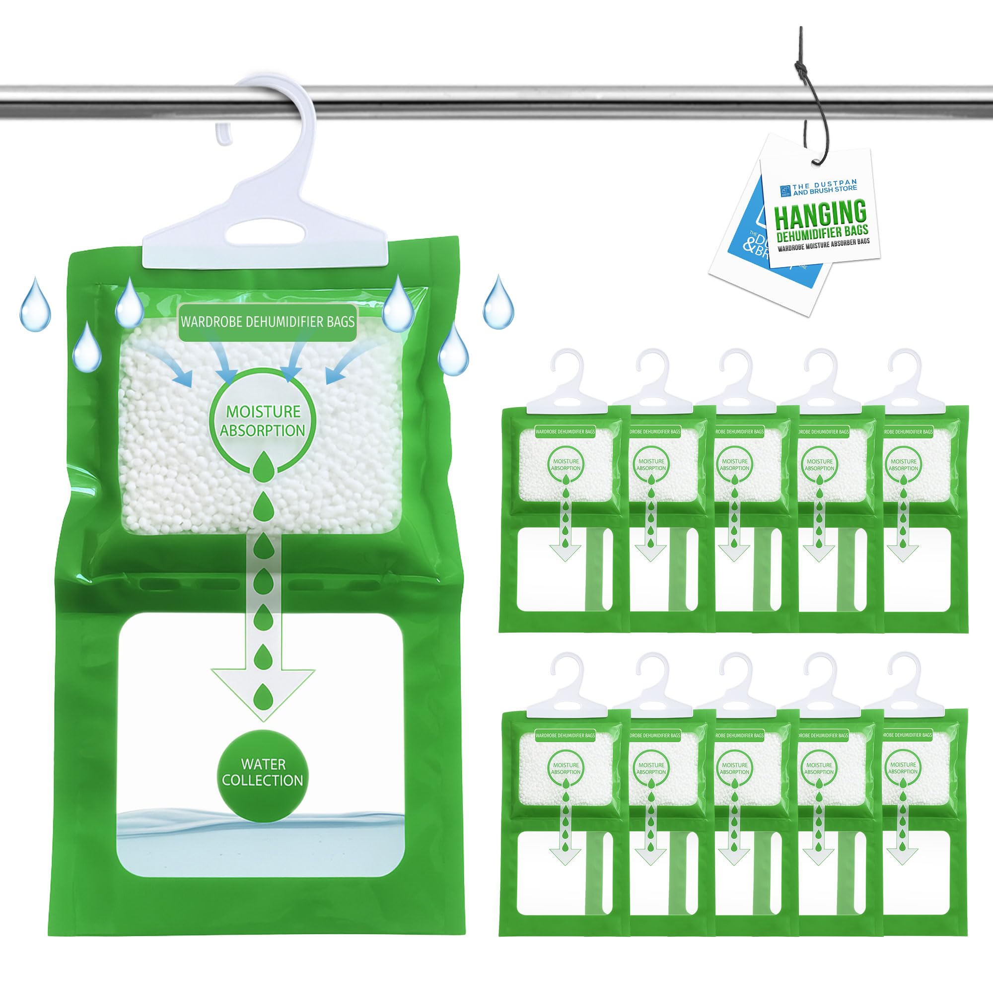 Hanging Dehumidifier Bags with Built-In Hook - Moisture Trap Wardrobe Dehumidifier Hanging Bags Absorbs 300ml - Stops Mould - Disposable Dehumidifiers for Home, Wardrobe, Bedroom, Caravan (PACK OF 10)