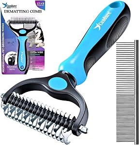 Candure Dematting Comb for Dog and Cat, Pet Grooming Rake and Brushes for Small, Medium Large Dogs Double Sided Deshedding Tool Removes Knots & Tangled Hair (Blue, Large to Medium)