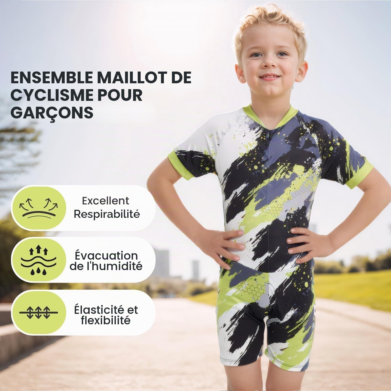 Gogokids Maillot de cyclisme à manches courtes pour garçon avec coussin 3D