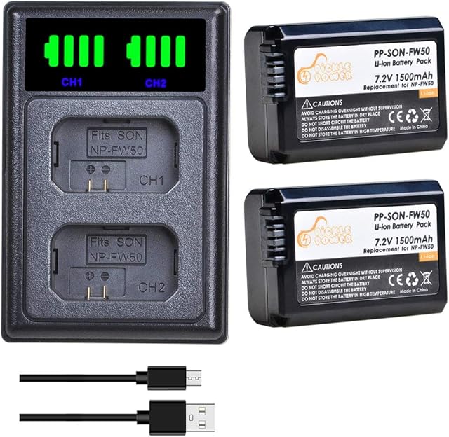 NP-FW50 Camera Battery Charger Set, 2-Pack 1500mAh Battery and & LED Dual Charger with Type C & Micro USB Ports for A7II A7 A7RII A7SII A7S A7S2 A7R A7R2 A6500 A6400 A6300 A6000 RX10 NEX-3/5/7 Series