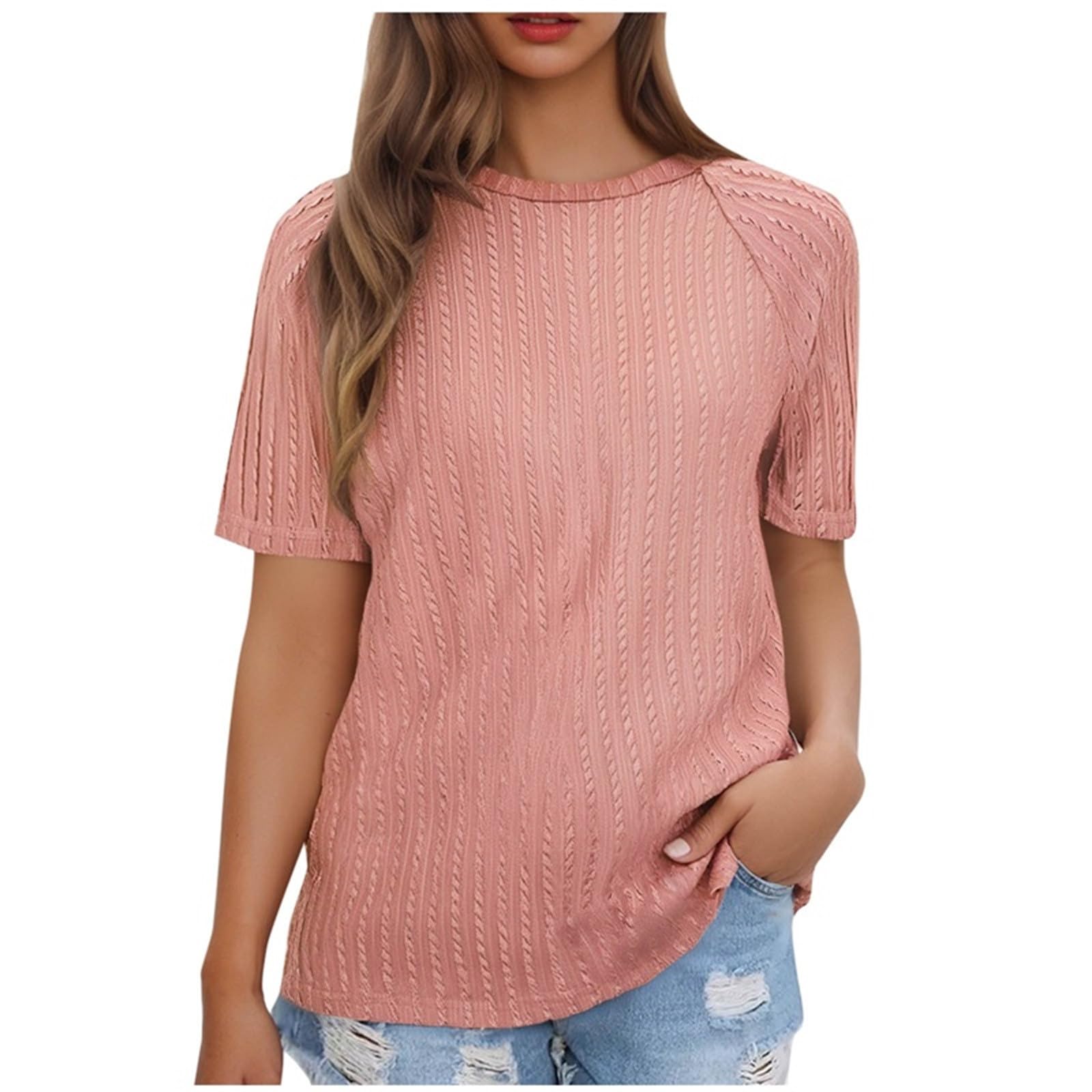 Women Summer Tops y2k Casual Solid Round Neck Pullover Loose Fashion Short Sleeve Elegant Dressy Business Tunic Blouse Print
