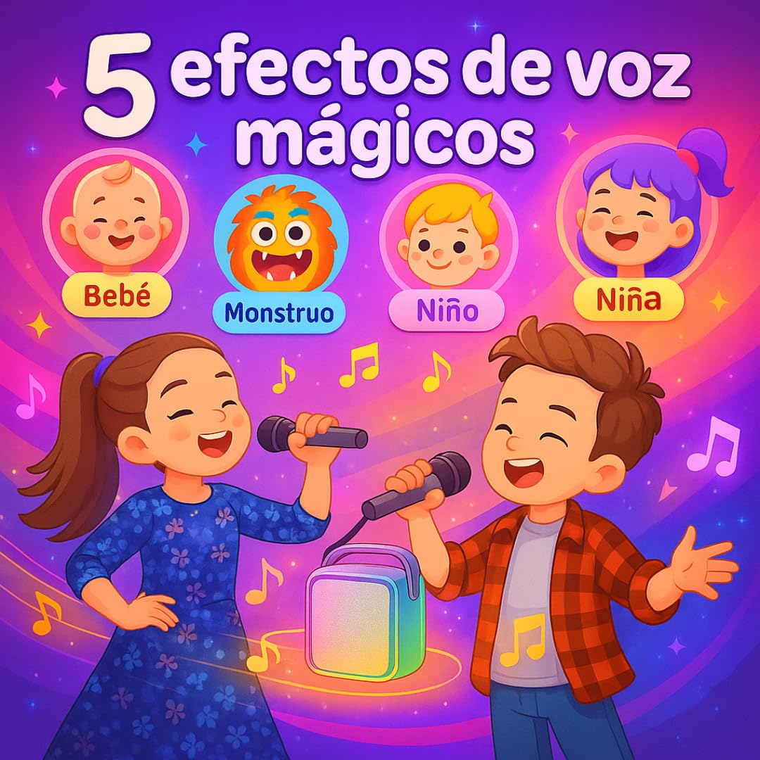 Karaoke con 2 micrófono inalámbricos. Mini Karaoke Infantil para niños. Bluetooth portátil con Altavoz y Luces LED y Efectos de Voz. Regalo para niños y Adultos