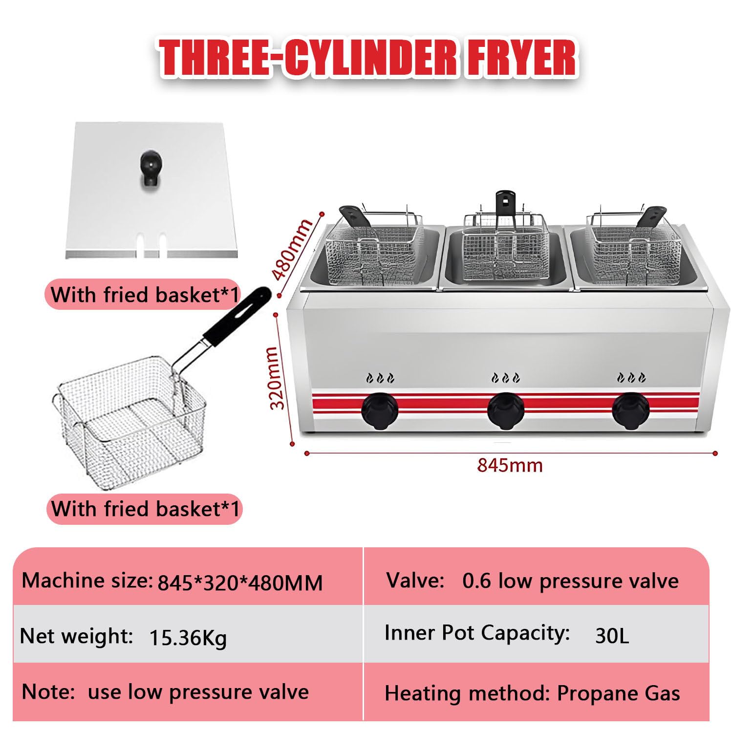 Friggitrice a Gas di Grande capacità in Acciaio Inox Indipendente con cestelli, coperchi e Controllo della Temperatura per la frittura di Pollo, Patatine Fritte, Ciambelle e Pesce. 30L