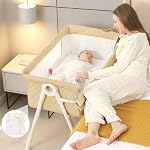 Baby Bassinet, Bassin lit avec feuille de lit imperméable , 4 Bassins de chevet réglables avec matelas, Donpemu, Kaki