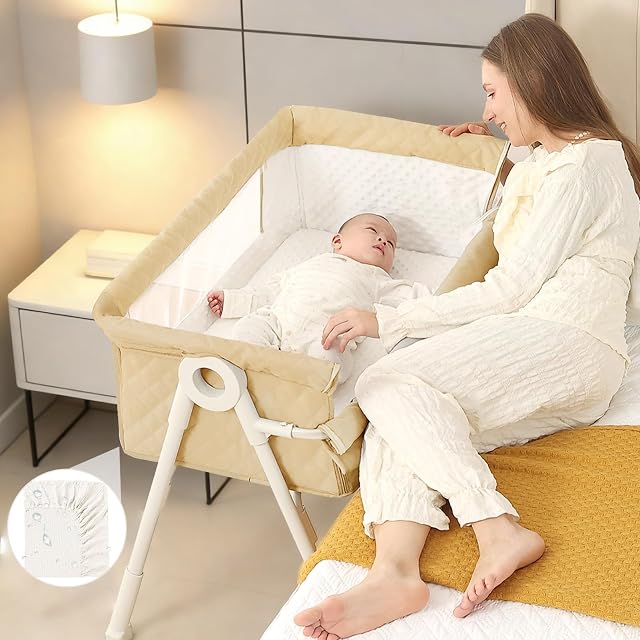 Baby Bassinet, Bassin lit avec feuille de lit imperméable , 4 Bassins de chevet réglables avec matelas, Donpemu, Kaki