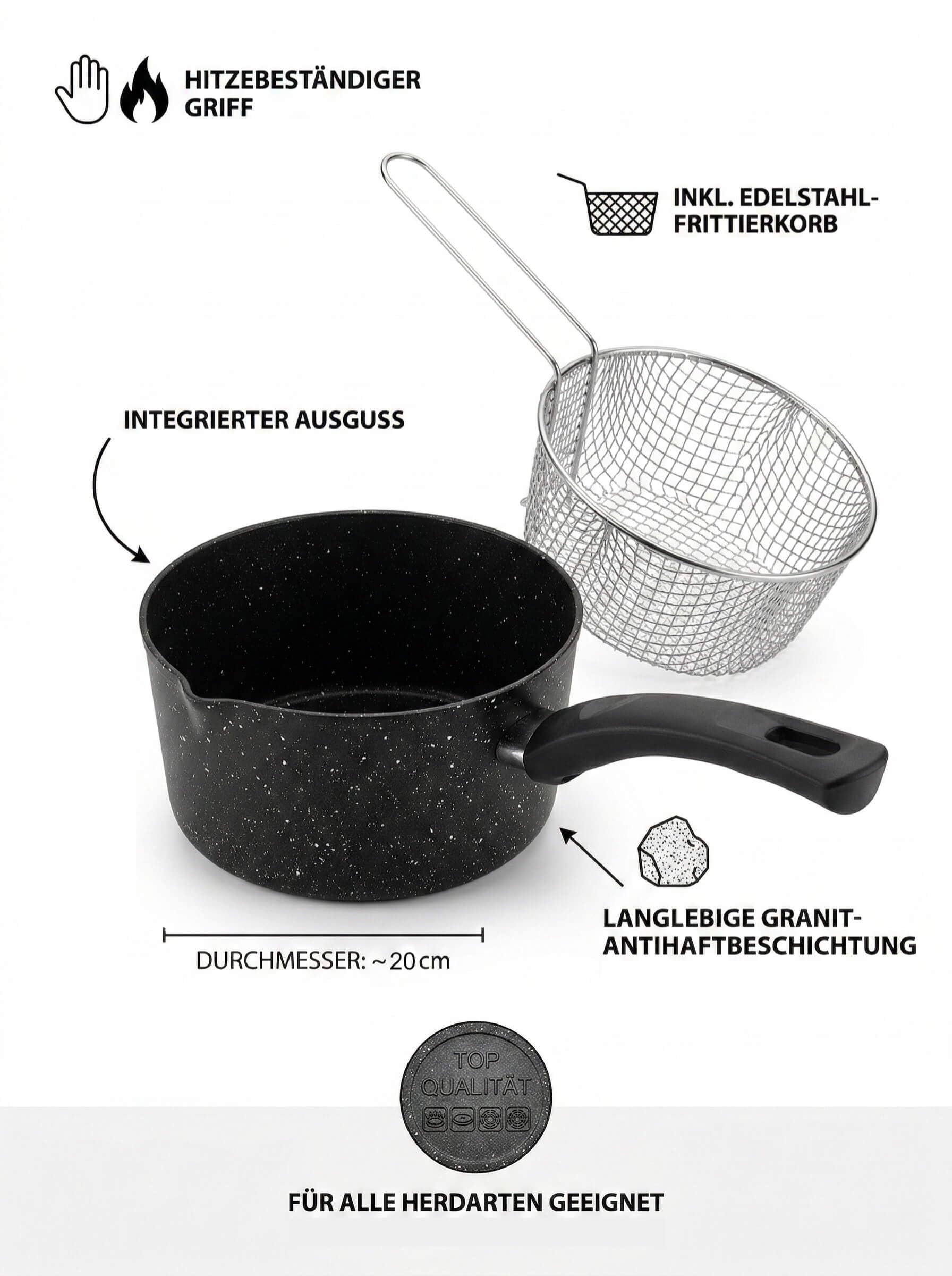 Melda - Padella da 20 cm, con cestino per friggere, rivestimento antiaderente in granito, patatine fritte e pentola per friggere patatine, verdure e snack