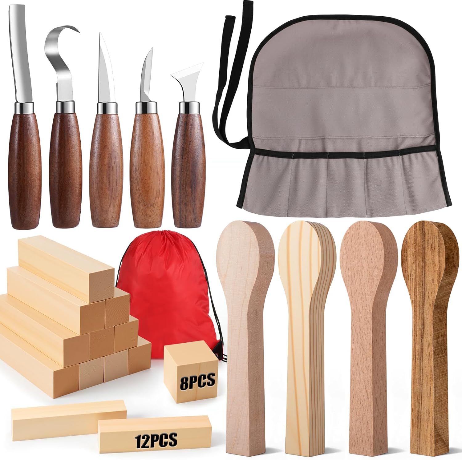 Therwen 27 Pcs Wood Carving Kit, 5 Pcs Wood Carving Tools with Storage Bag, Whittling Kit with 18Pcs Whittling Blocks and 4 pre Shaped Spoon Blanks and Drawstring Carry Bag for Crafts Beginners
