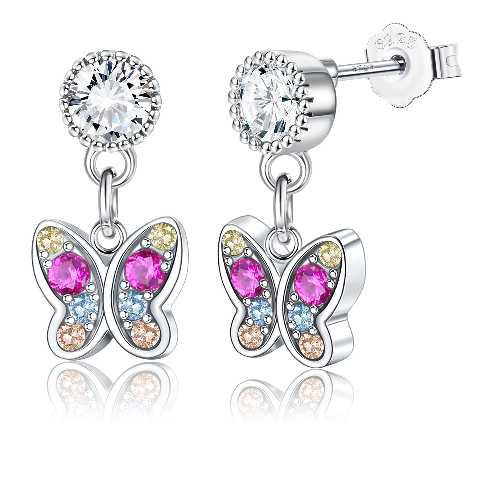 ORAZIO Pendientes Plata de Ley 925 Para Mujeres Niños Niñas, Lindo Mariposa Corazón Estrella Flor Gota Pendientes Hipoalergénico Colorido Cubic Zirconia Pendientes Colgantes Regalo de Joyería