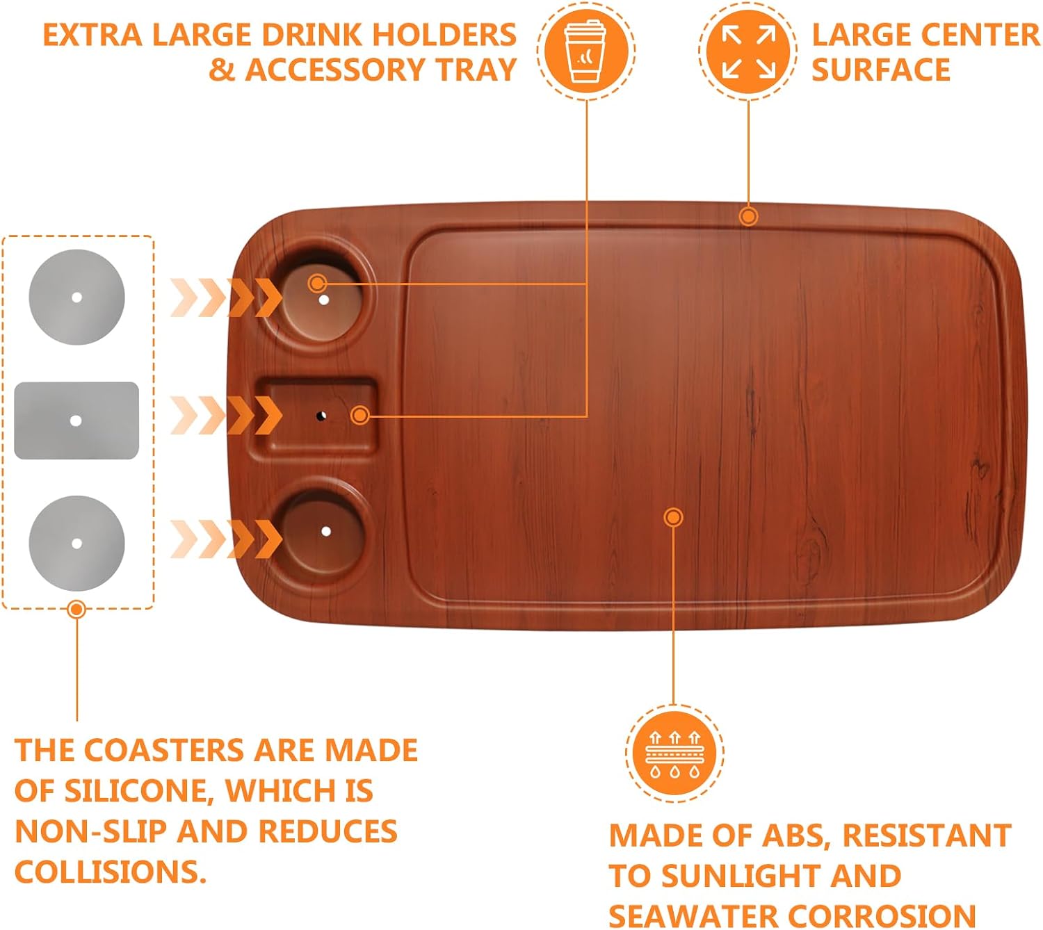 Removable Boat Table, 34X18 inch Rectangular Pontoon Boat Marine RV Table Top, Large Top with Built-in Cup Holders Phone Holder ABS Waterproof and Anti-Aging