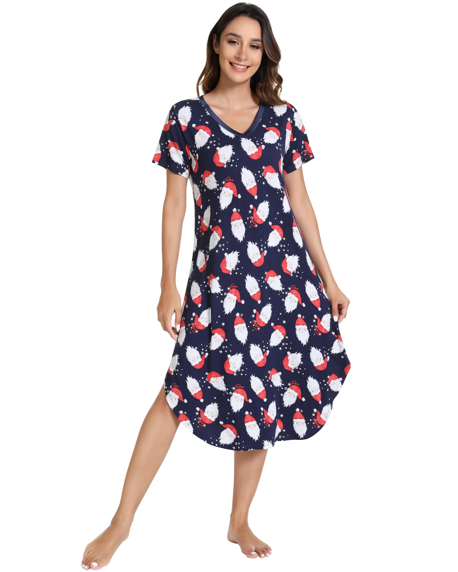 NACHILA Bamboo Viscose Nightgowns for Women Cooling Short Sleeve Sleepshirt | Soft V Neck Night Gowns, Moisture-Wicking Sleepwear for Hot Flashes &amp; Night Sweats, Ladies Nightshirts for Sleep, Home, Gift
