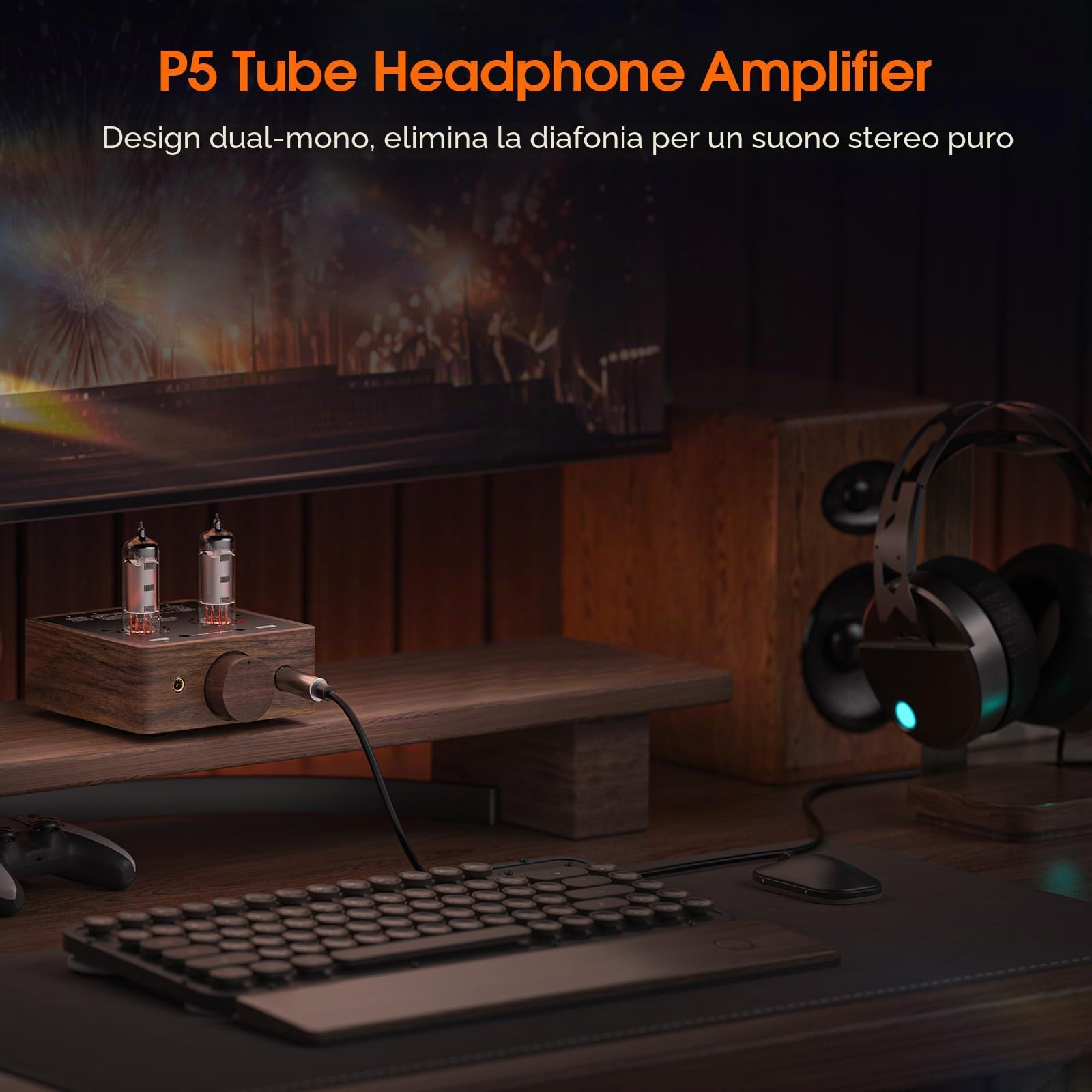 Douk Audio Mini amplificatore per cuffie da desktop stereo stereo con presa da 4,4/6,35 mm (legno di noce)