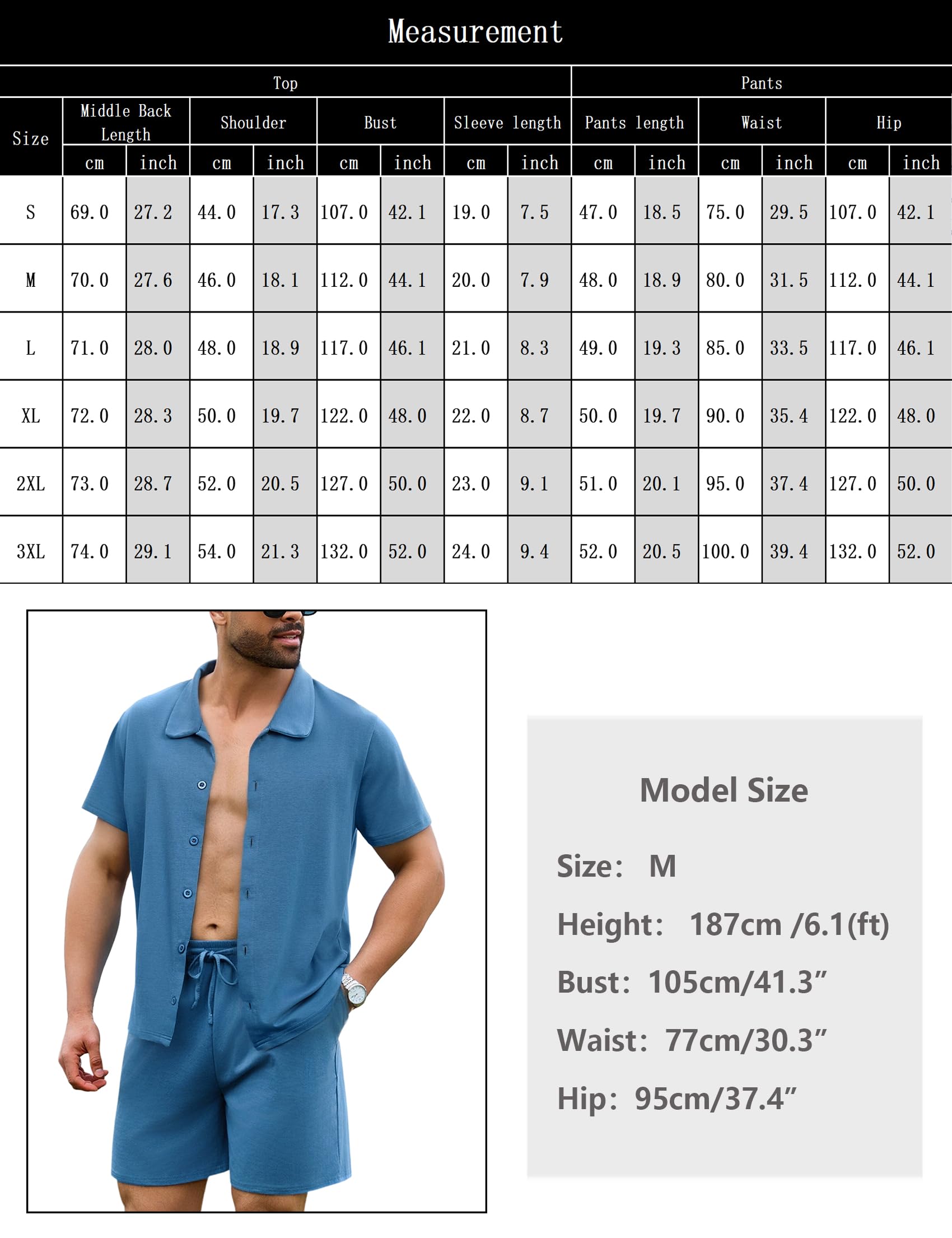 Aseniza Pijama corto para hombre de algodón con botones cortos de verano de manga corta de dos piezas para hombre