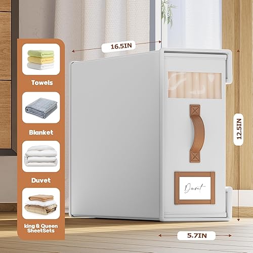 Miniatura 6 de Paquete de 6 organizadores de sábanas y almacenamiento (tamaño Cal King) con asas de cuero, organizador plegable de lino con ventana transparente,