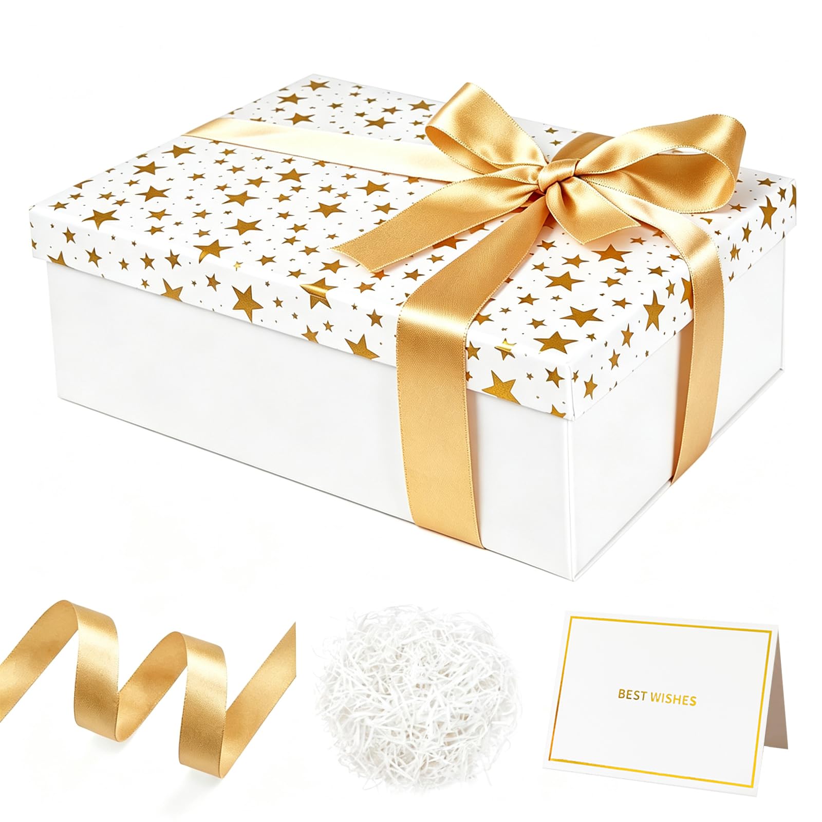 Large Gifts Boxes for Presents, Star Gifts Boxes with Magnetic Lids, Birthday Box with Card, Ribbon, Filler for Kids Men Women Birthday Wedding Anniversary, Christmas (White)
