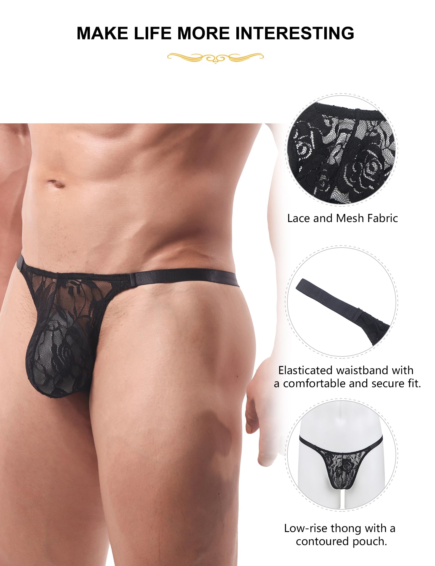 Sexy Outfit Tanga para Hombre Ropa Interior con Bolsa abultada Correas de suspensorio Sexy para Hombres Tangas de Tiro bajo Tanga Lencería con Espalda en T Suspensorio Trajes Mariquita Transpirables
