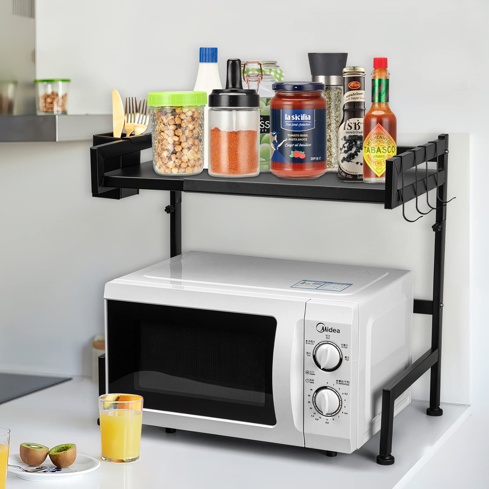 Fashionwu Extendable Microwave Oven Rack, Adjustable Kitchen Counter Shelf, Heavy Duty Stand Kitchen Counter Top Organizer, 2-Tier with 4 Hooks(L15.7~23.6" xW15.7 xH18.1), Black