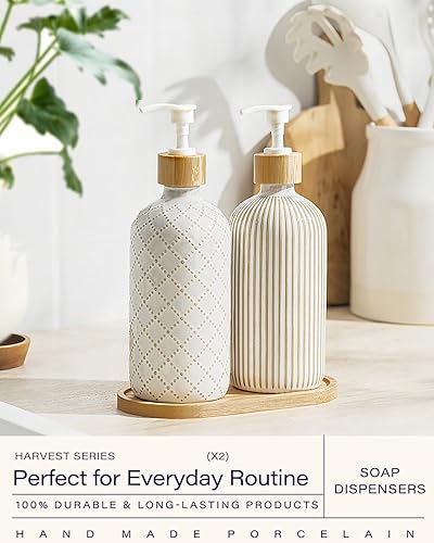 Miniatura 2 de Getstar Juego de 2 dispensadores de jabón para manos y platos, dispensador de jabón de cerámica para baño y cocina con bomba y bandeja a prueba de