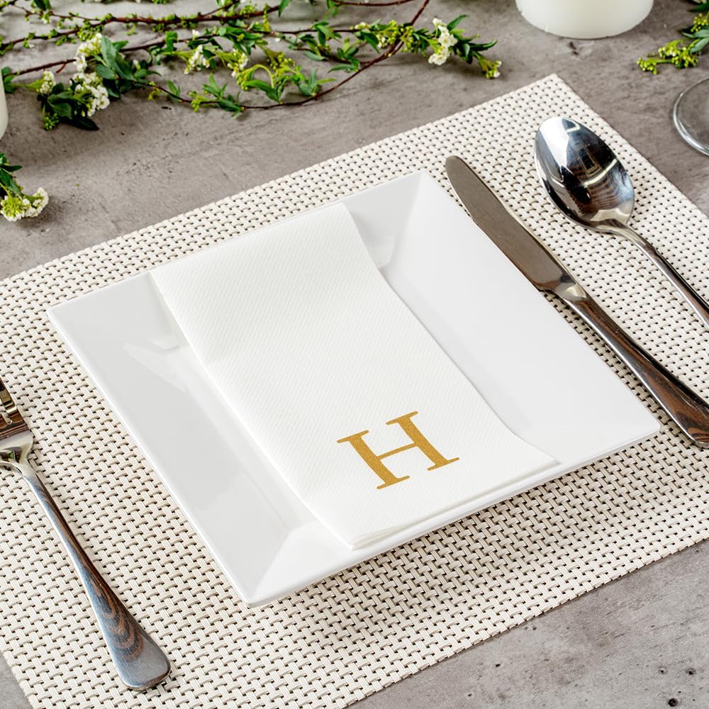 Luxenap 15.8 X 7.9 Inch Linen-Feel Guest Towels, 50 Lettered Hand Towels - Gold Letter 'H', Sans Serif Font, White Paper Dinner Napkins, airlaid, For Restrooms And Tables - Restaurantware