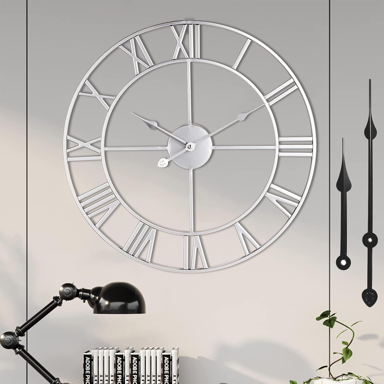 1st owned Large Wall Clock Silent Non-Ticking Roman Numerals Vintage Battery Operated (24 inch,18inch,16inch) Farmhouse Wall Clock for Living Room, Bedroom, Kitchen, Cafe Decor-Silver 40CM