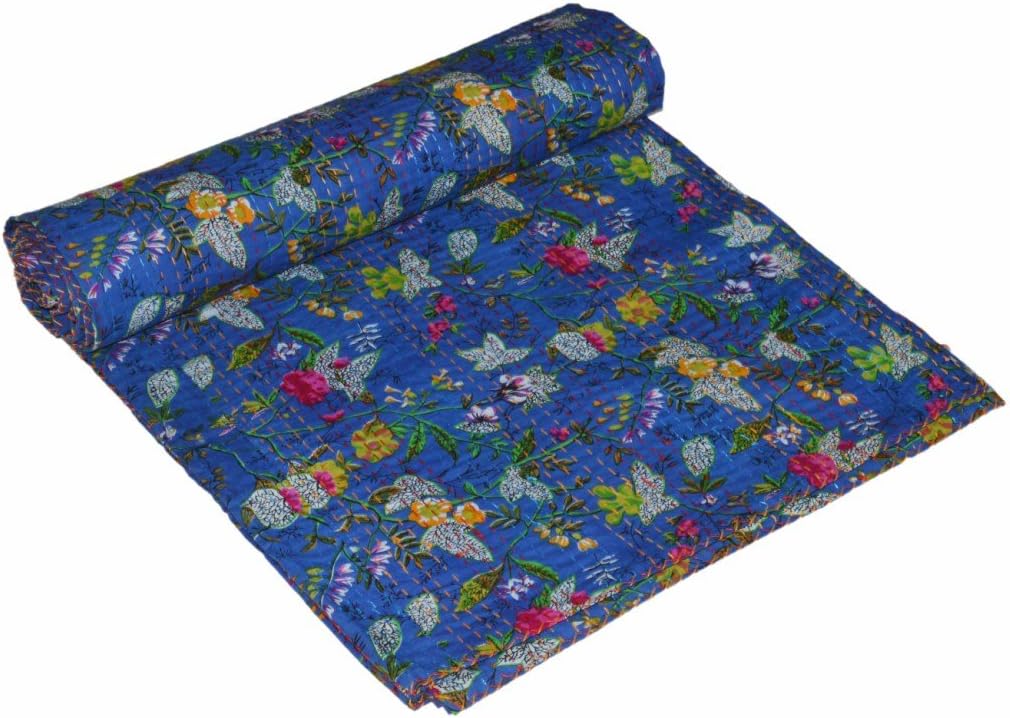 Floral Reversible Bedspread Print Kantha Stitch Quilt Pure Cotton Blue Gudri Queen Size Bedspread