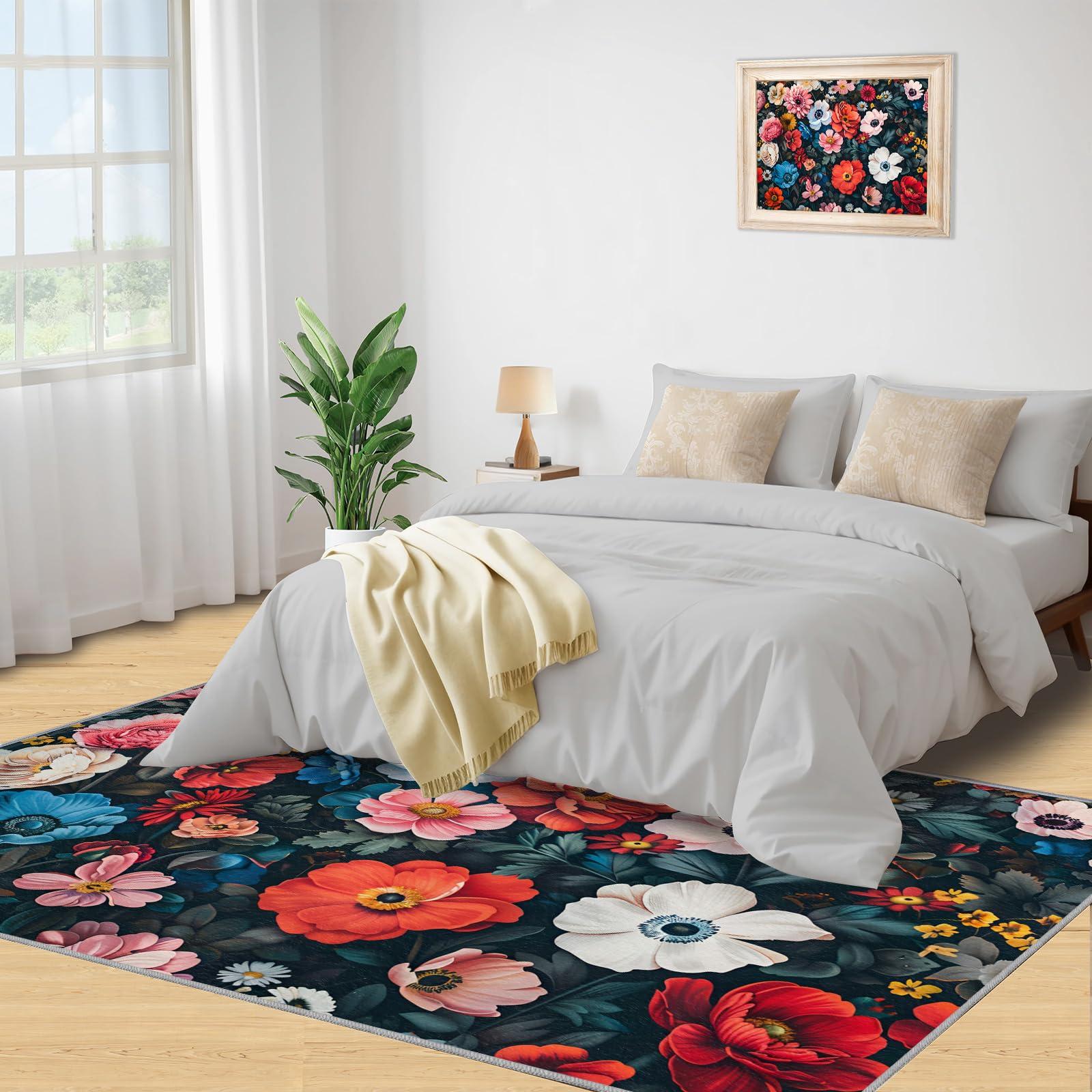 Tapis à fleurs pour chambre de fille - 150 x 180 cm - Antidérapant - Lavable - Motif botanique vintage - Tapis doux à poils courts - Motif floral