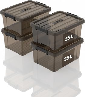 Aufbewahrungsboxen, Lagerboxen, Tragefähige Kunststoffboxen mit Griff, Stapelfähiger Organisationsbehälter für Schlafzimmer, Unrat, Schule, Transparent Braun, 35L (4er Set)