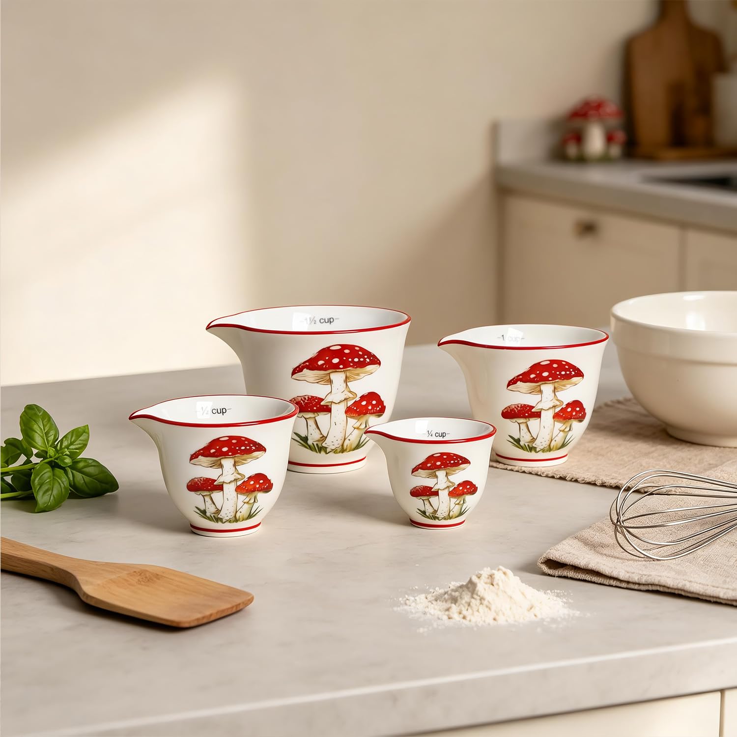 Sizikato Set di 4 misurini in ceramica a forma di fungo, per cucinare e cuocere al forno