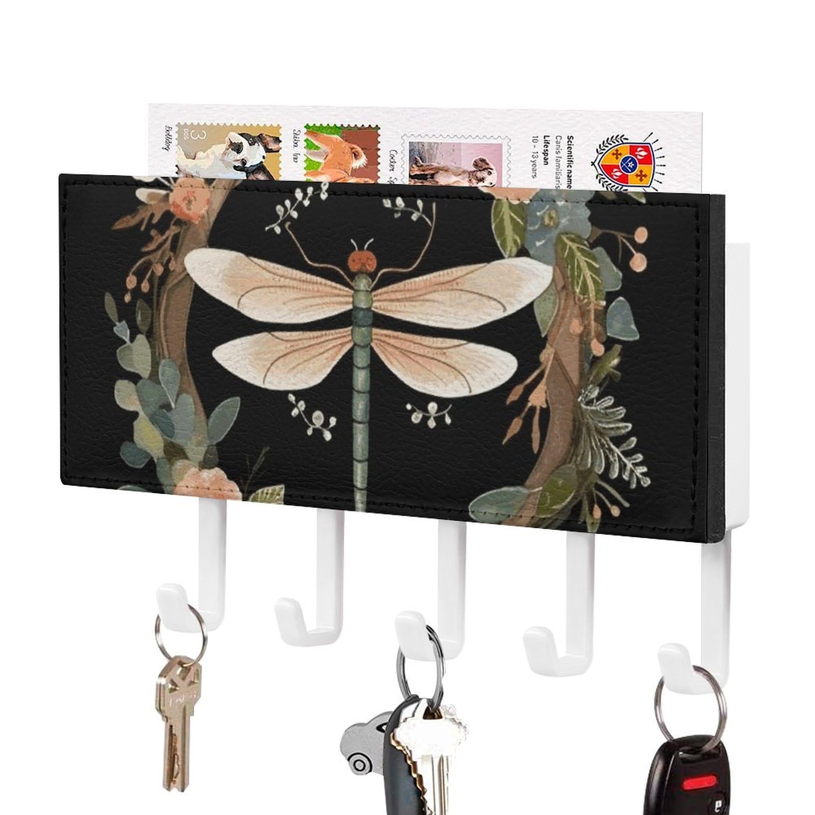 JTREHY Image of Dragonfly in Wreath Holder Wall-Mounted Key and Mail Holder,Key Rack with 5Keys Hooks, Easy to Install Mail Organizer for Entryway, Front Door, Hallway, Office