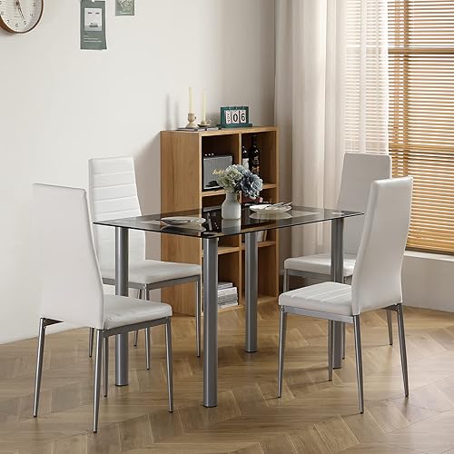 Miniatura 9 de Juego de mesa de comedor de 5 piezas, moderno juego de mesa de comedor negro para 4, mesa de comedor de cocina de vidrio templado con 4 sillas de