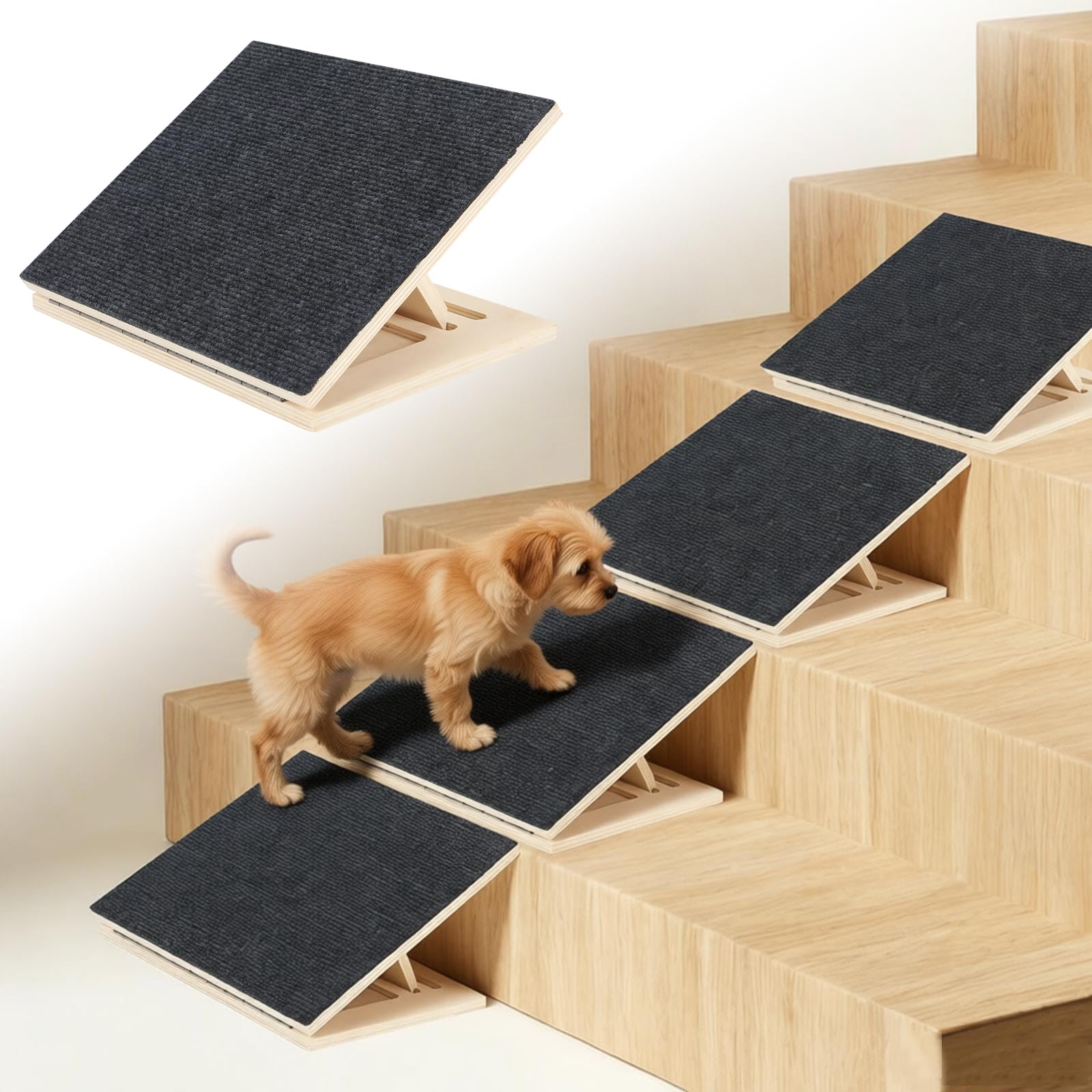 4 PCS Wooden Dog Ramp for Stairs, Foldable Wooden Dog Ramp, 3 Height Adjustable Dog Stairs with Non-Slip Carpet Surface and Pads for Small or Medium Dogs, Cats Step and Stair for Injured Pets (4)