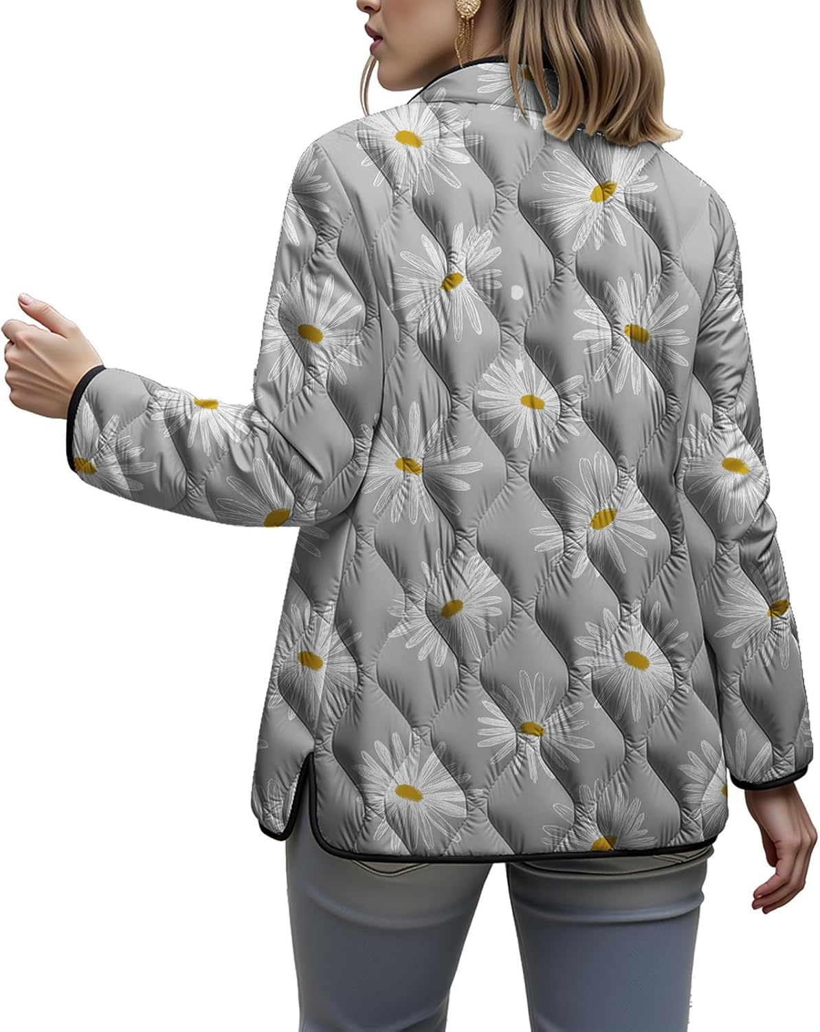 Quilted Jackets for Women Lightweight Button Down Puffer Jacket Trendy Daisy Print Fall Winter Coat with Pockets