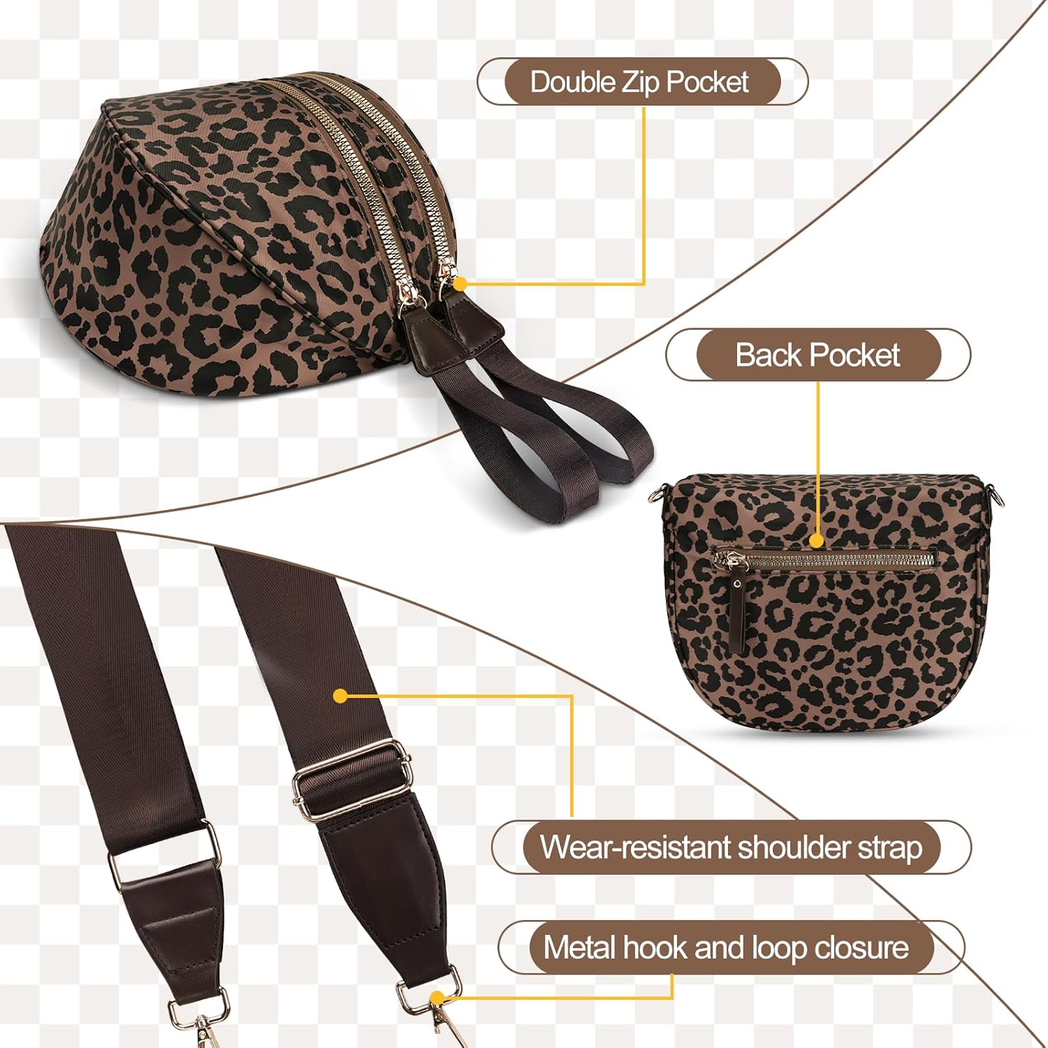 Checkered Crossbody Bag,Nylon Bum Bags for Women Crossbody,Spacious Sling Bag Purse Fanny Packs with Shoulder Strap