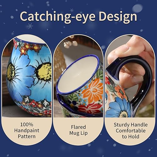 Miniatura 5 de ALMA Taza de café con flores azules actualizada 2025 de 12 onzas líquidas, taza de té de cerámica floral para mujeres, apta para horno microondas