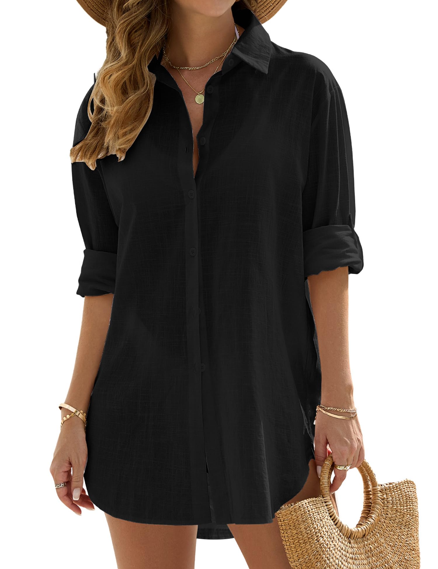 Vancavoo Vestidos de Playa Mujer Camisolas de Playa Bikini Cover Up Camisas de Manga Larga Suelta Pareos de Casual Color Sólido Blusa con Botón para Verano