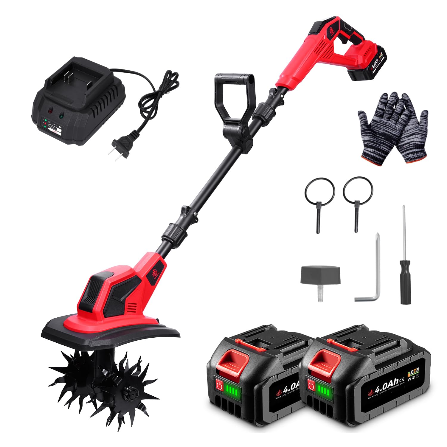 ONEVAN Motoazada Electrica, 500W Motoazada Bateria sin Escobillas, 23cm de Ancho de Trabajo, 16cm de Profundidad, Mango Ajustable, con 2 Baterías de 4.0 Ah, Ideal para Césped, Jardín y Suelo