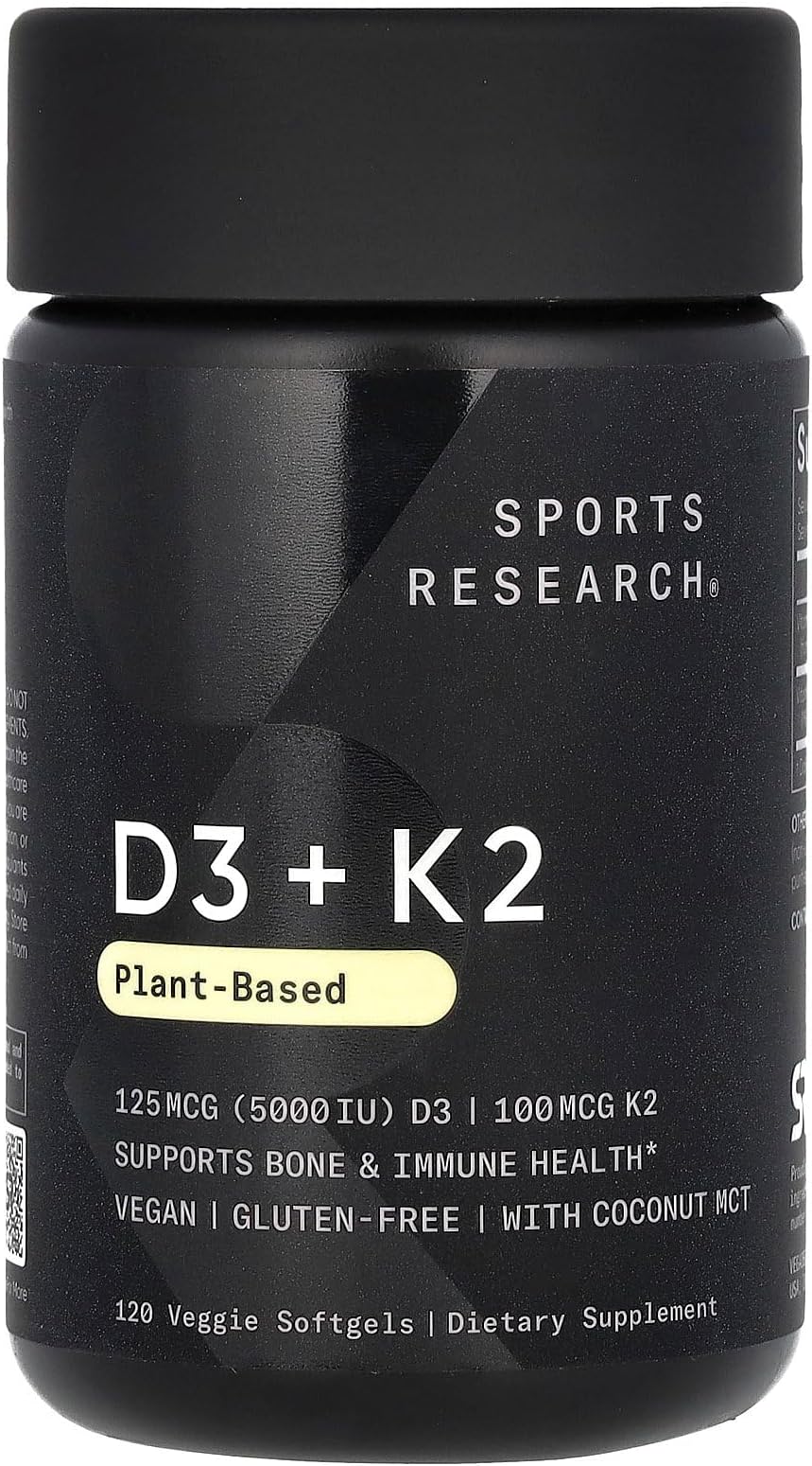 Sports Research Vitamin D3 with K2 Softgels - Plant Based K2 & Vegan D3 5000iu with Coconut MCT Oil - Vegan Certified, Soy & Gluten Free - 120 Count