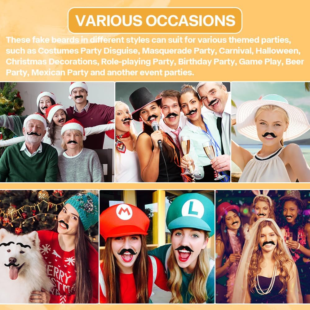 48 Pcs Fake Mustache Fake Moustache Mustaches Self Adhesive Stick on Mustache Fake Beard Costume for Cosplay Masquerade Party
