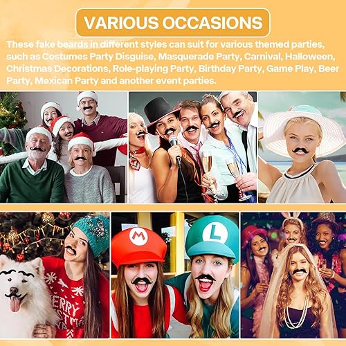 Miniatura 6 de Cytokio Bigote falso, bigote falso, bigote, autoadhesivo en bigote, barbas falsas, disfraz de bigote negro, para adultos y niños