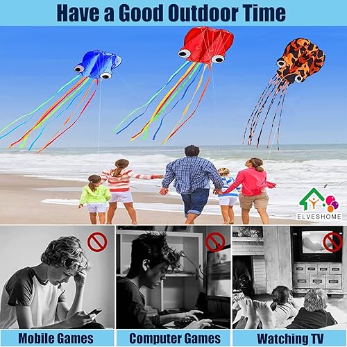 Miniatura 3 de Cometas grandes de pulpo, paquete de 3 hermosas cometas de cola larga, cometas de playa fáciles de volar, buenas cometas para niños y adultos,