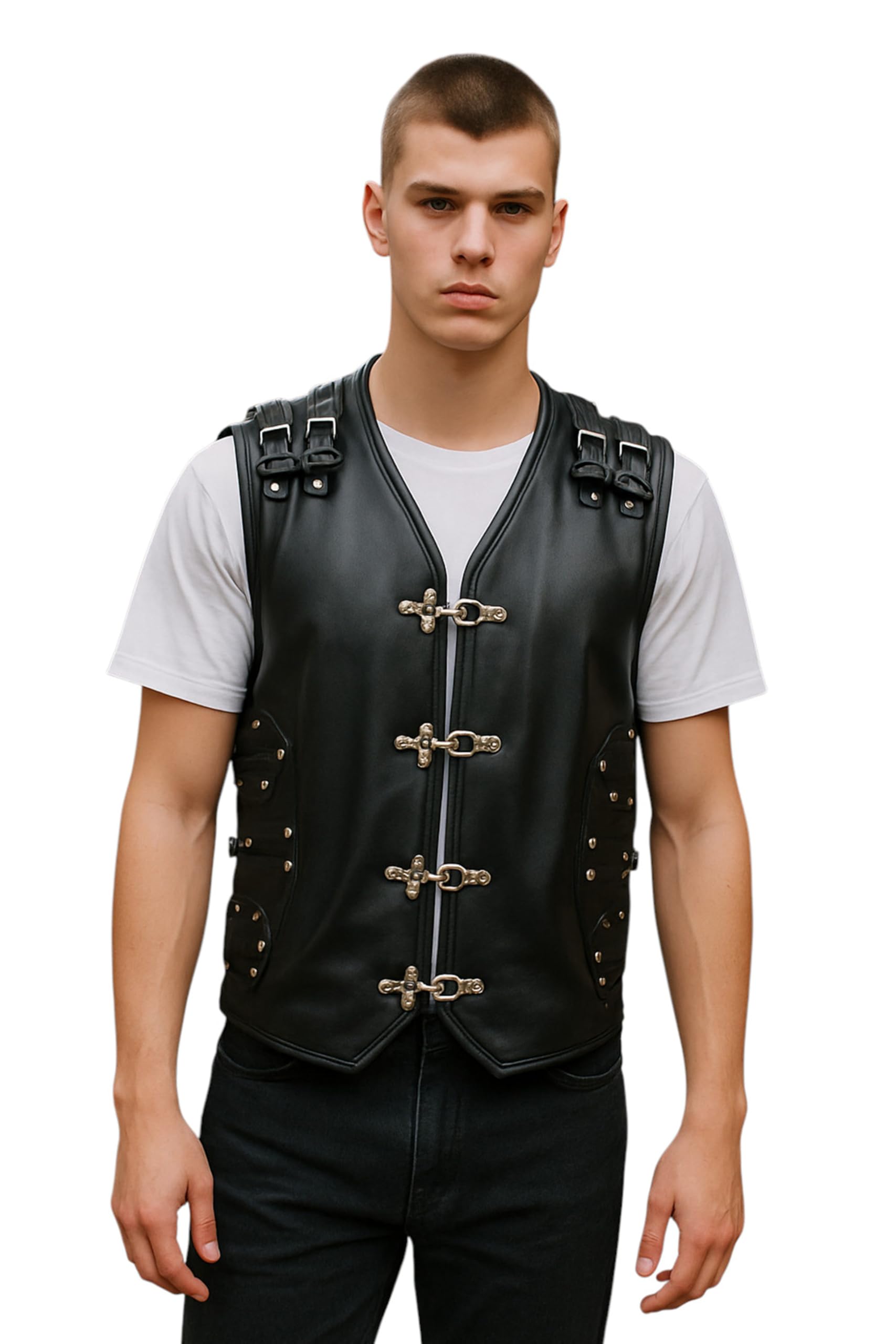 Men’s Black Biker Leather Metal Buckles Vest Gilet Waistcoat