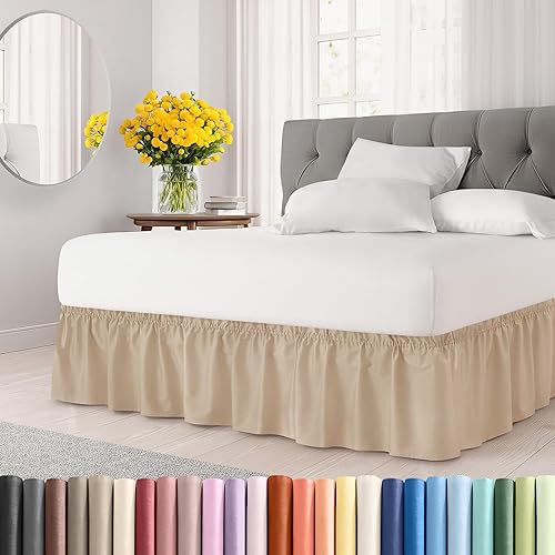 CGK Linens - Falda de cama envolvente con volantes, color crema, para camas de tamaño individual con caída de 12 pulgadas, correa elástica de fácil
