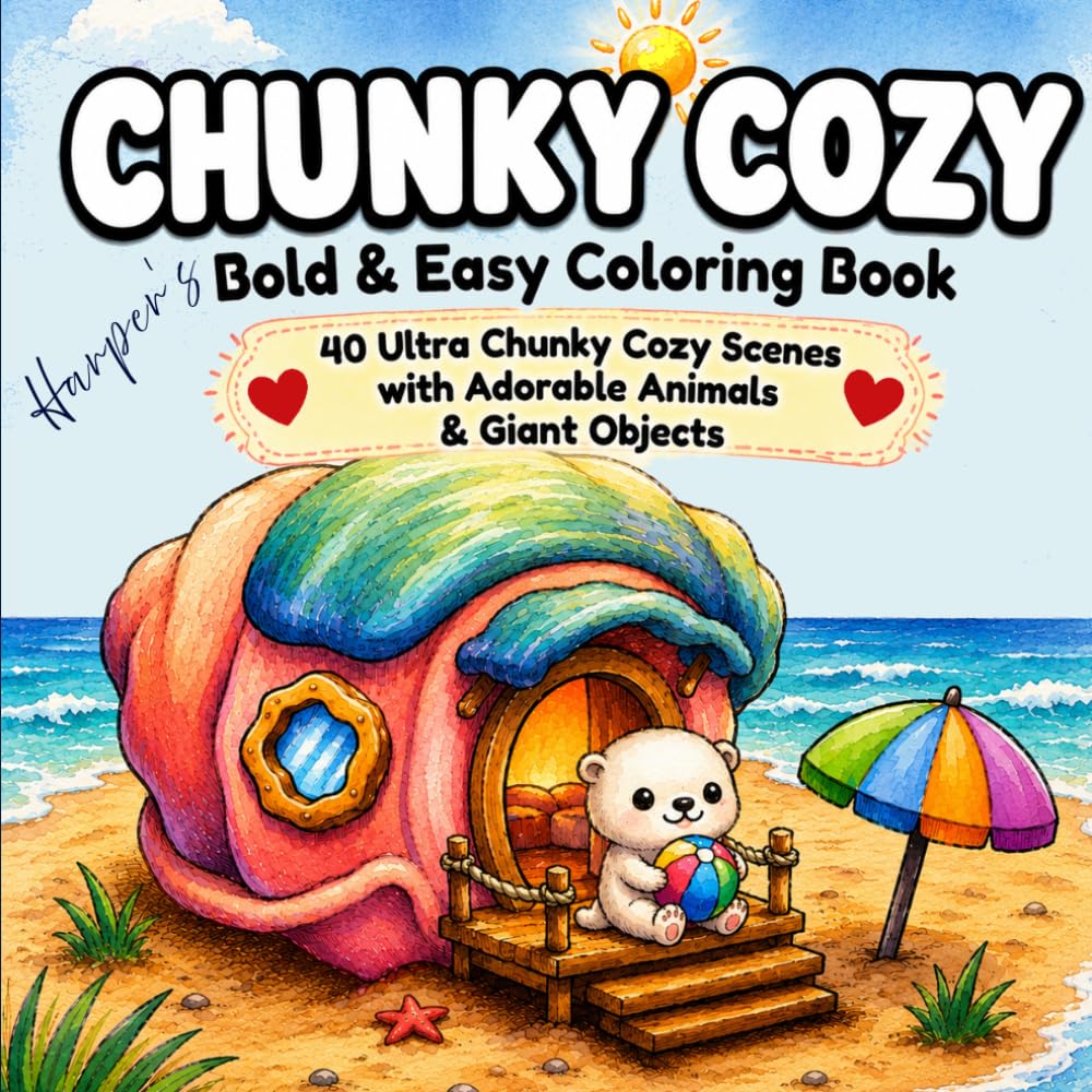 Chunky Cozy: Bold & Easy Coloring Book with 40 Ultra Chunky Cozy Scenes, Adorable Animals & Giant Objects