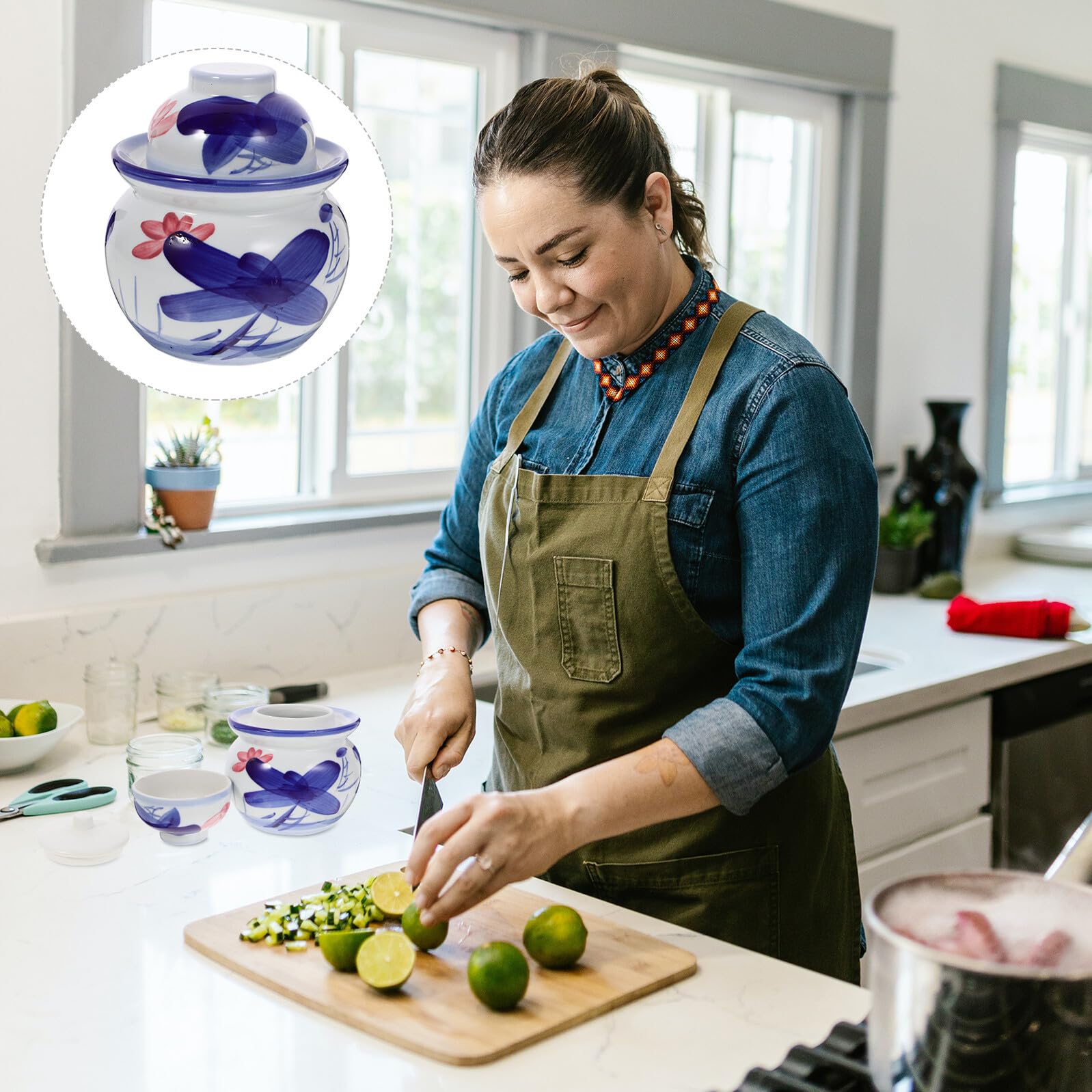 NUOBESTY Keramik Gurkenglas mit Deckel aus Keramik Breiter Mund Glatte Oberfläche für Hausgemachte Pickles und Knoblauchaufbewahrung im Haushalt