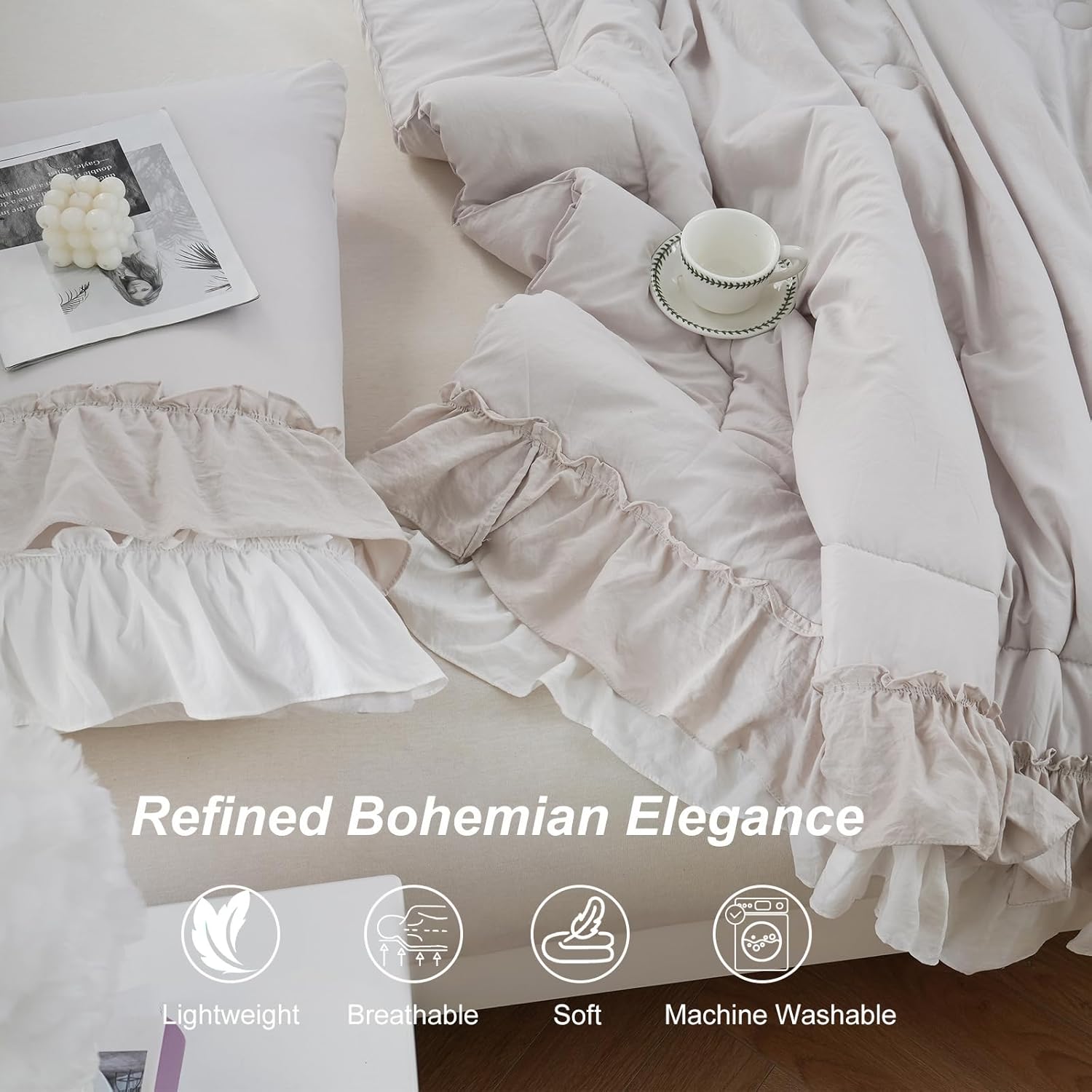 Boho Comfrter Set King Size Beige Bedding Set Shabby Chic Down Comforter 2 Layers Ruffles Home Decor Farmhouse Quilt Set Ultra Soft Microfiber White Cream Bohemian Bed Set for Girls Women - Image 6