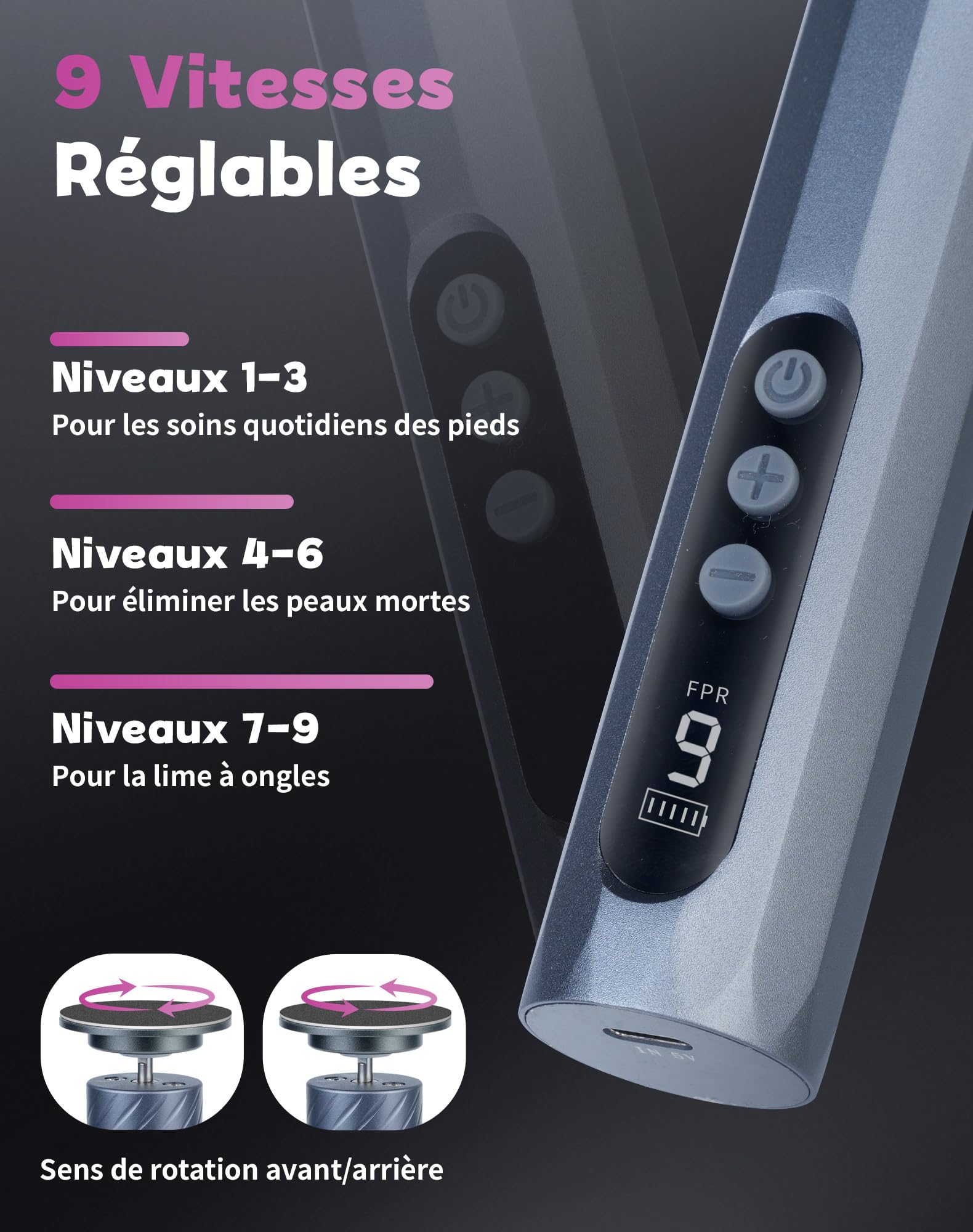 5 en 1 Rapeuse Pieds Électrique Ponceuse Pieds Electrique Râpe Pied Pédicure Rappe Pieds Lime HoneyGlow 9 vitesses réglables 4500tr/min Rechargeable 2000Mah Anti-Callosités(Gris)