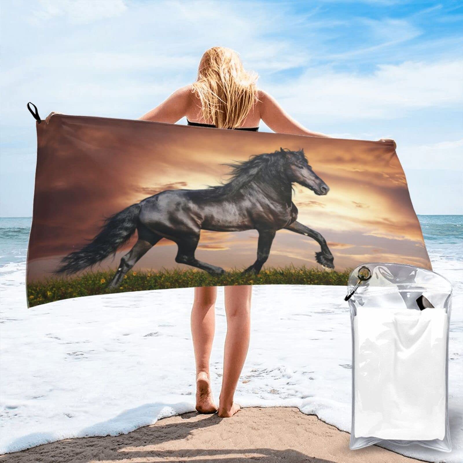 Lawenp Animal Horse Microfiber Beach Towel Adults Large Quick Drying Bath Towel Travel Towels with Pouch 31.5"x63"