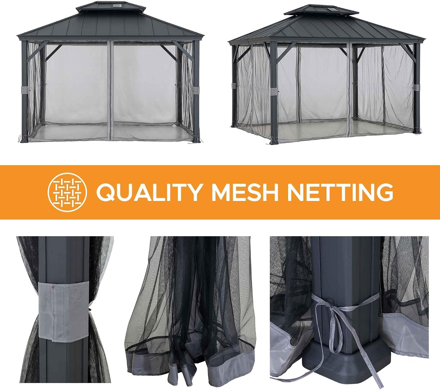 Sunjoy Hardtop Gazebo 10 x 12 ft. Outdoor Patio Aluminum Frame, 2-Tier Steel Gazebo with Solar Panel, Netting and Ceiling Hook, for Backyard, Black