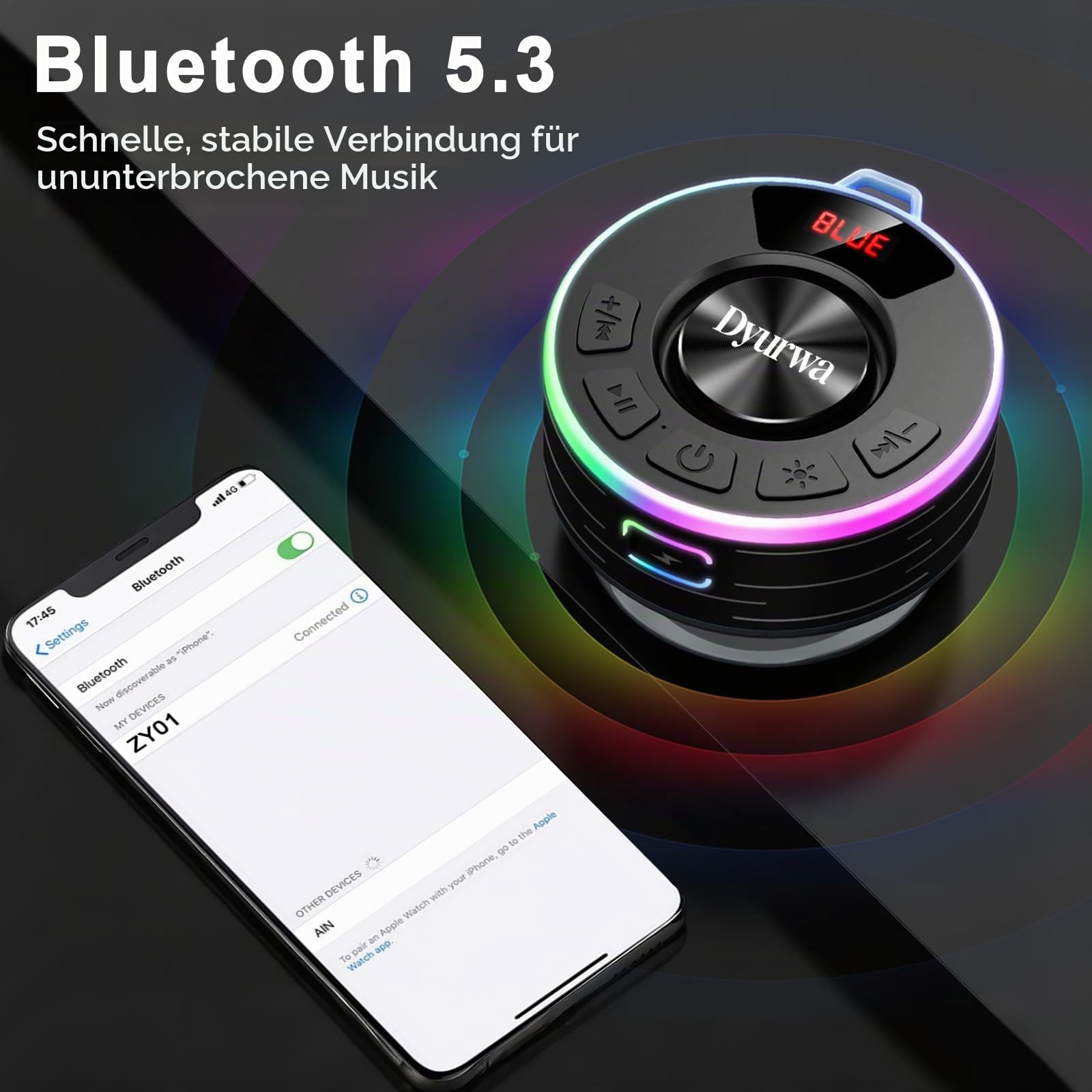 Wasserdichter Bluetooth Duschlautsprecher, 10H Bluetooth-Lautsprecher mit Saugnapf, Tragbare bluetooth 5.3 Lautsprecher mit Stereo-Sound, IPX7 Wasserdicht Musikbox Tragbare für Badezimmer Bergsteigen