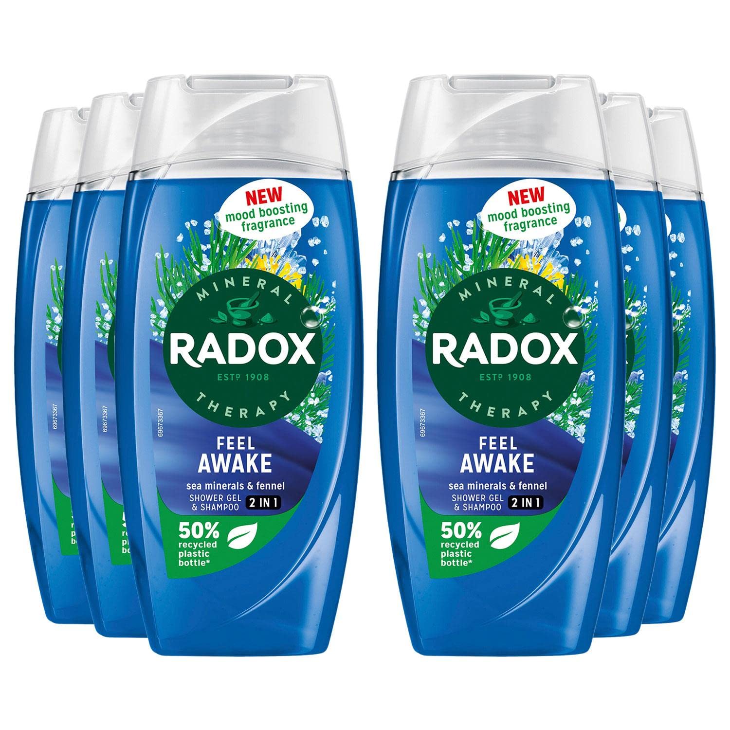 Radox Mineral Therapy Feel Awake Men 2-in-1 Shower Gel & Shampoo with Fennel and Sea Minerals 225ml (Pack of 6)