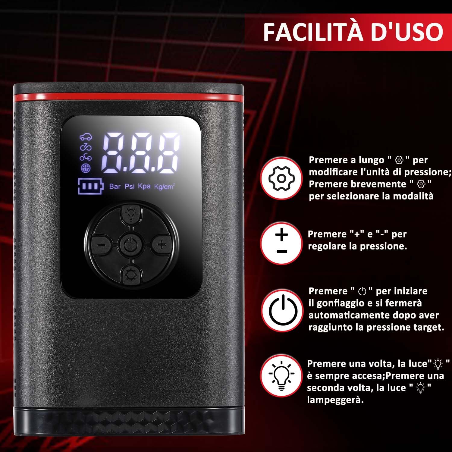 Hancaner Mini Compressore Aria Portatile, Compressore Aria Portatile Auto150PSI 7.4V 6000mAh con 4 Unità di Misurazione Della Pressione Display LCD per Auto, Bici, Moto, Scooter e Pallone.